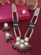 Jewel City Multicolor Beaded Kundan Necklace Set with Earrings Pearl Layered Traditional Gold-Plated Jewelry Set