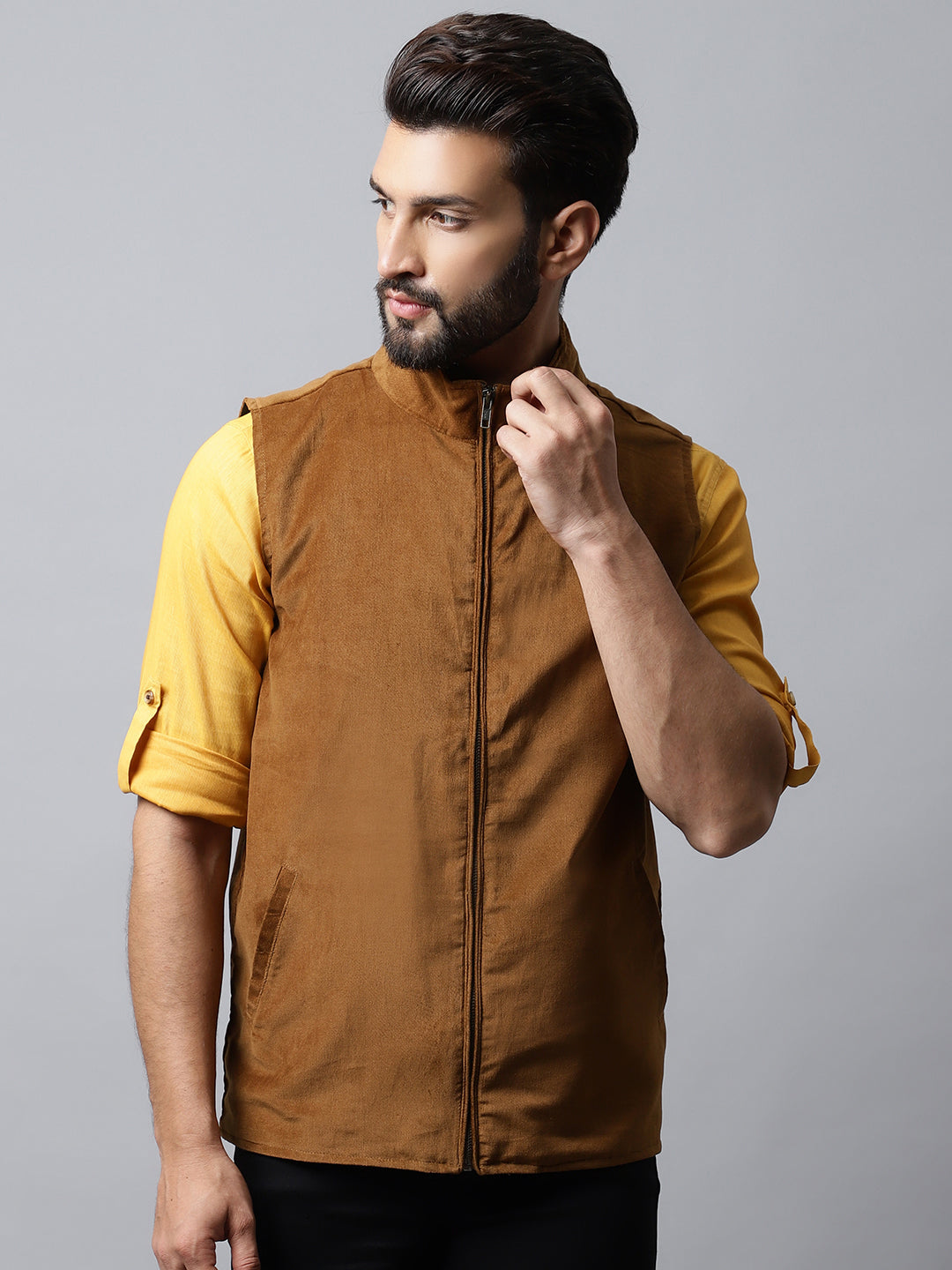 Even Apparels Men's Brown Nehru Jacket With Welt Pockets