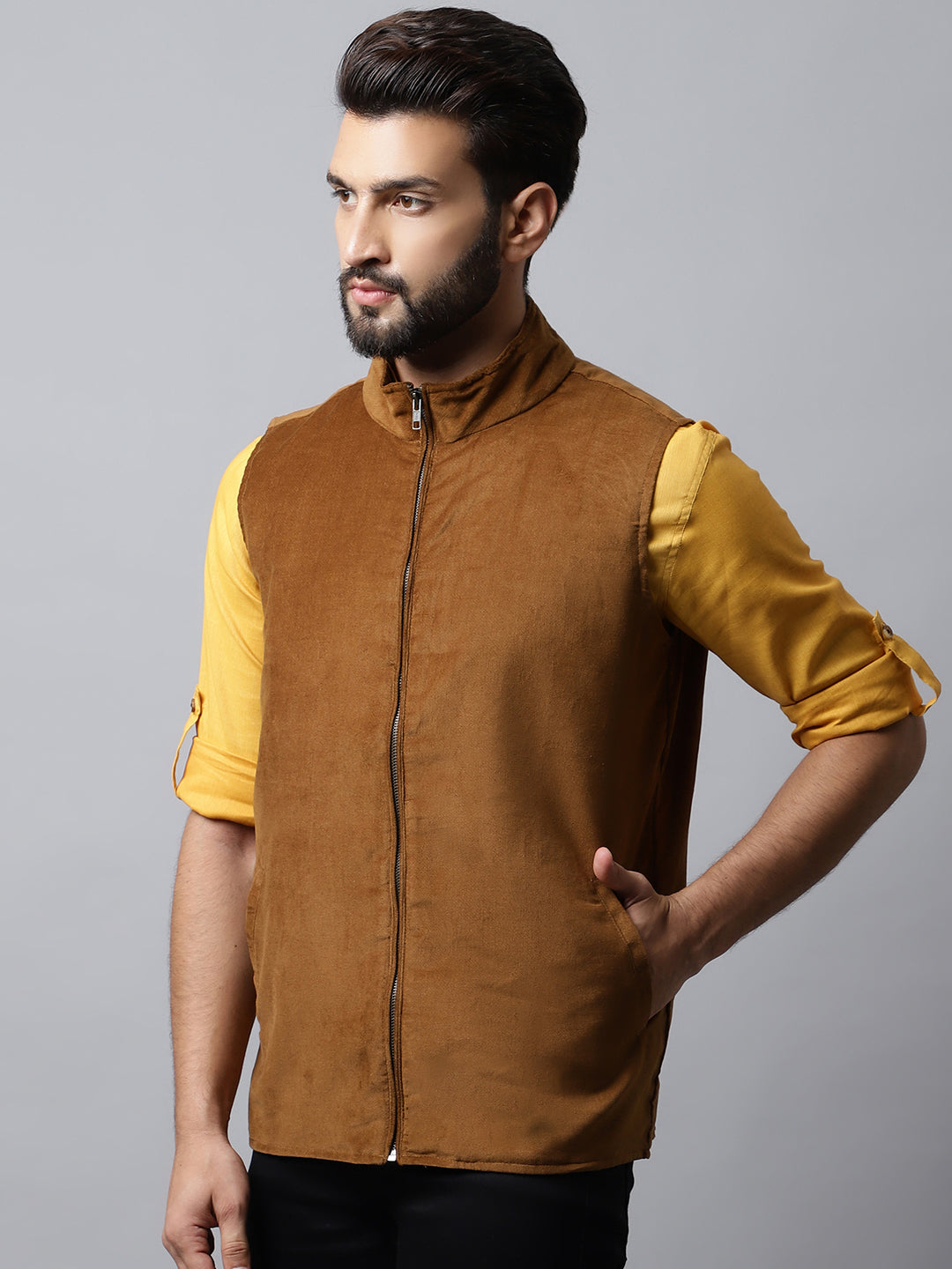 Even Apparels Men's Brown Nehru Jacket With Welt Pockets