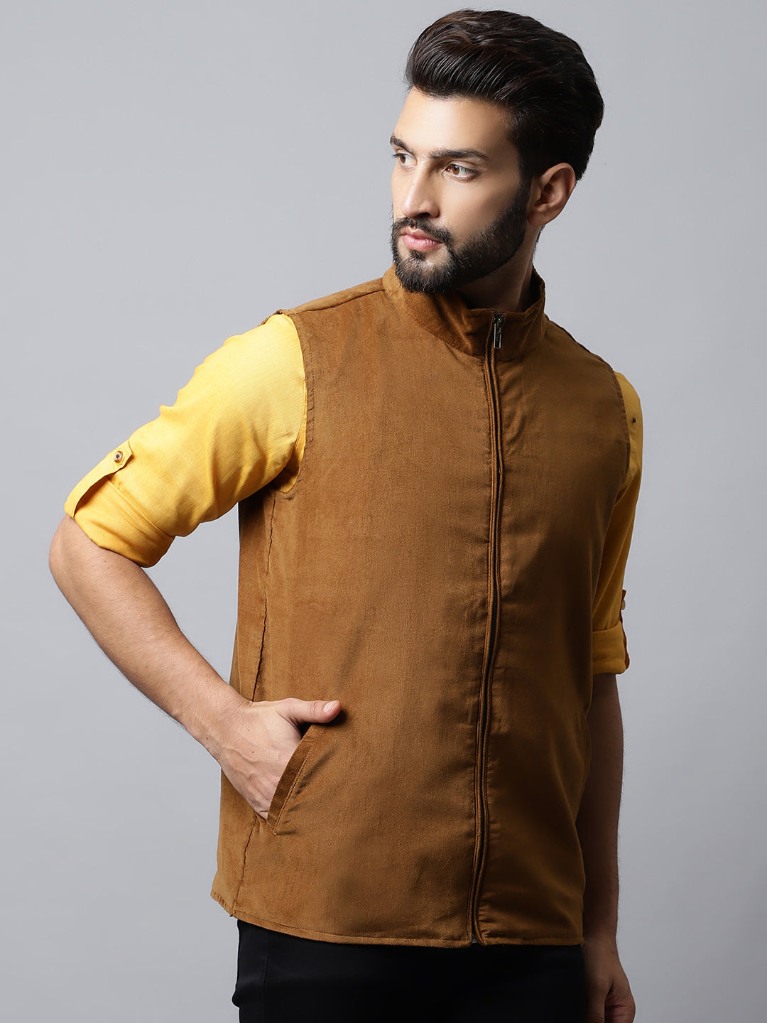 Even Apparels Men's Brown Nehru Jacket With Welt Pockets