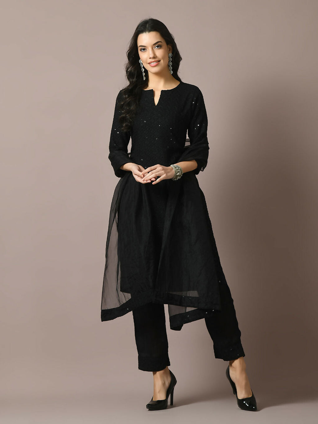 Myshka Women's Black Embroidered Cotton Straight Party Kurta Set With Dupatta
