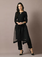 Myshka Women's Black Embroidered Cotton Straight Party Kurta Set With Dupatta