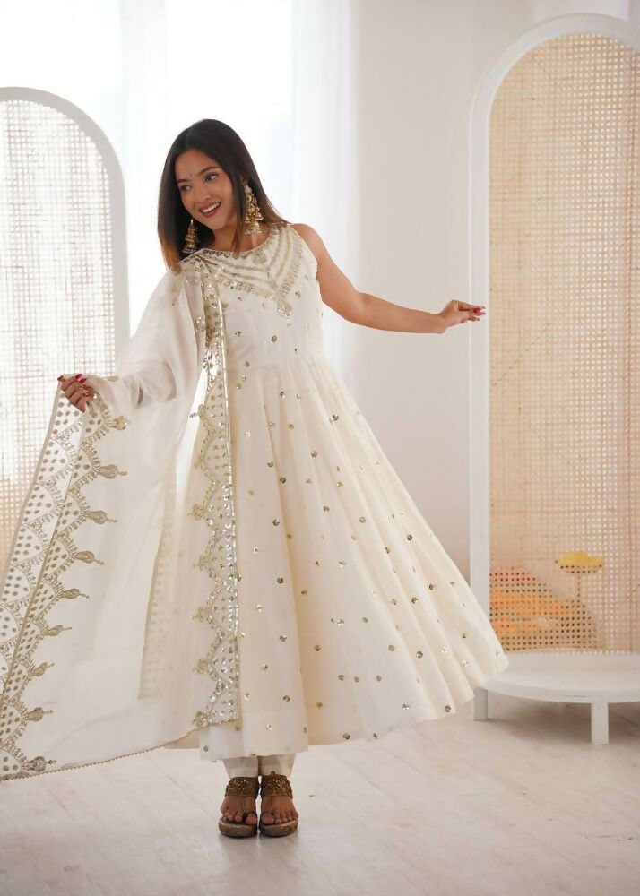 Teeya Creation White Color Roman Silk Embroidery Work Party Wear Gown - Distacart