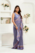 Joban Fashion Lavender Striped Linen Ready To Wear Saree With Unstitched Blouse - Distacart
