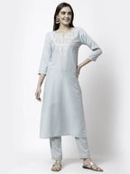 Myshka Grey Silk Blend Embroidered 3/4 Sleeve Round Neck Kurta Pant Dupatta Set