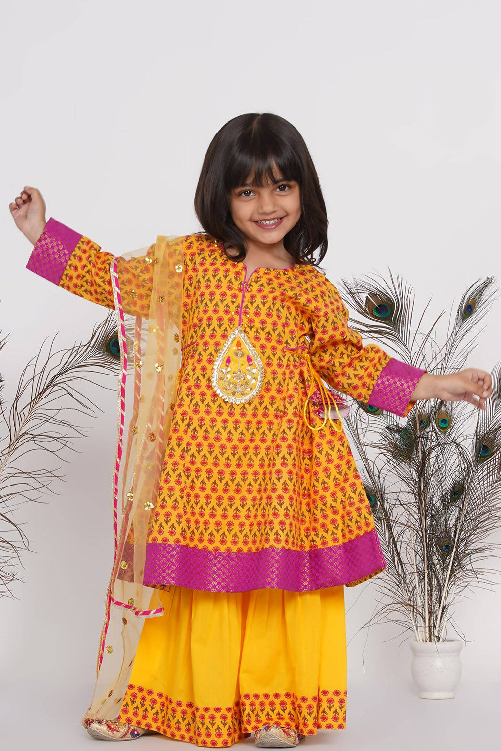 Little Bansi Girls Cotton Kurta frock with booti work,Sharara & Dupatta - Yellow