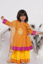 Little Bansi Girls Cotton Kurta frock with booti work,Sharara & Dupatta - Yellow