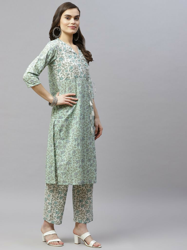 Miravan Women's Floral Printed Angrakha Pure Cotton Kurta With Palazzo & Dupatta Set