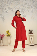 Jyoti Fashion Women's Red Rinkal Cotton Plain with Side Pocket Kurtis & Sets