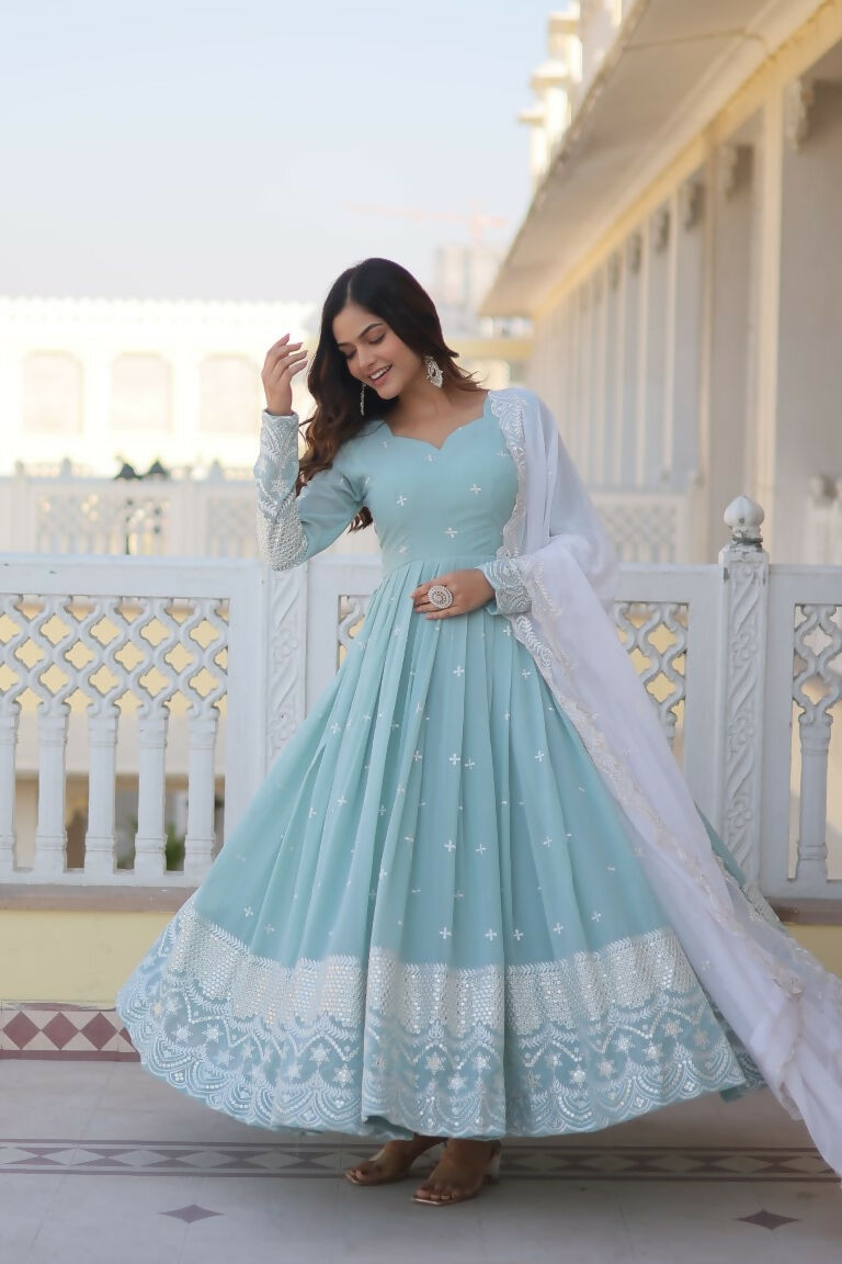Jyoti Fashion Women's Turquoise Faux Georgette Sequins Thread Embroidery Anarkali Dress with Dupatta