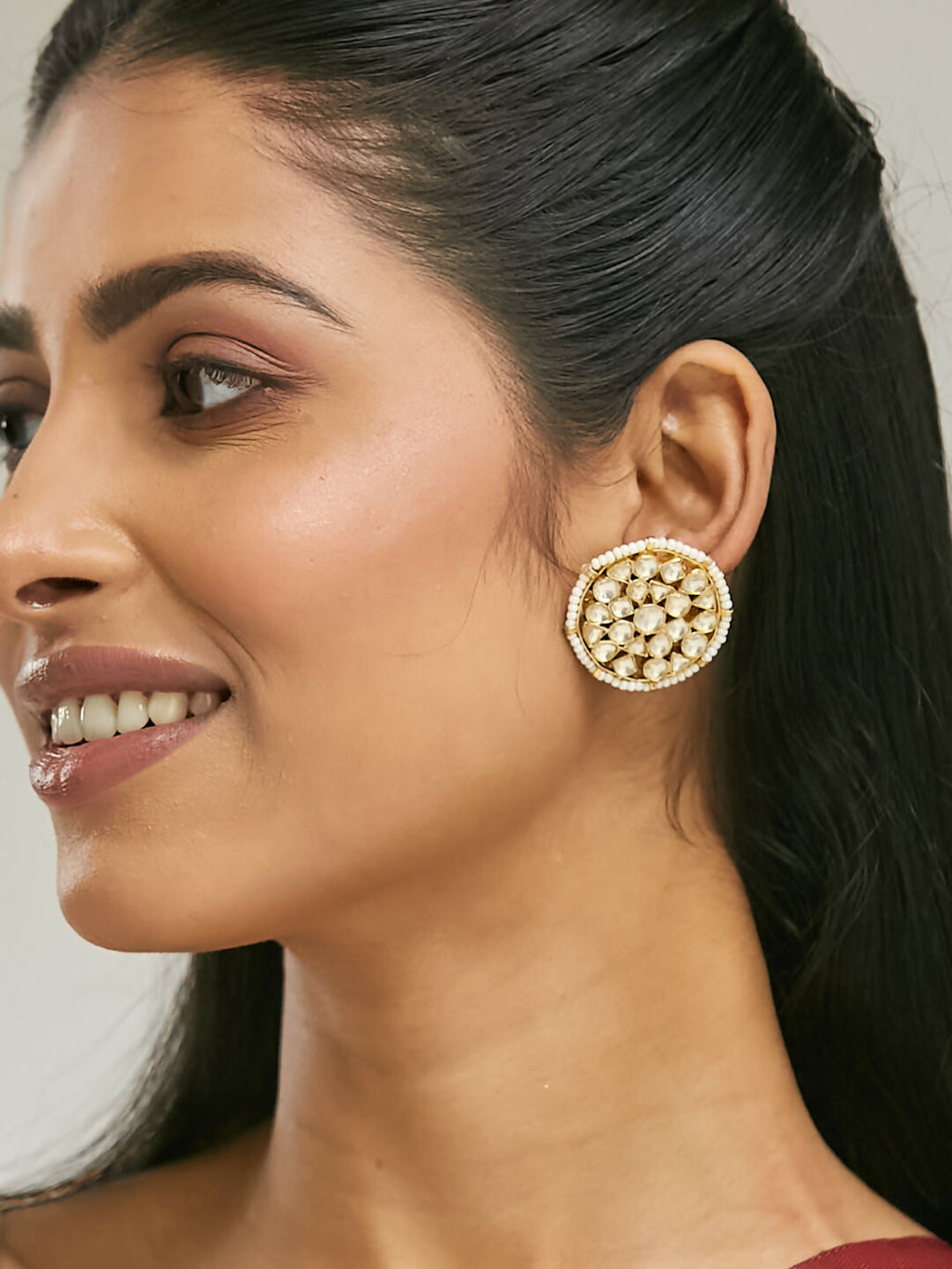 Nuyug 22K Gold-Plated Elegant Kundan Stone Studded & Pearl Beaded Disc Studs - Distacart
