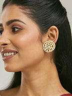 Nuyug 22K Gold-Plated Elegant Kundan Stone Studded & Pearl Beaded Disc Studs - Distacart
