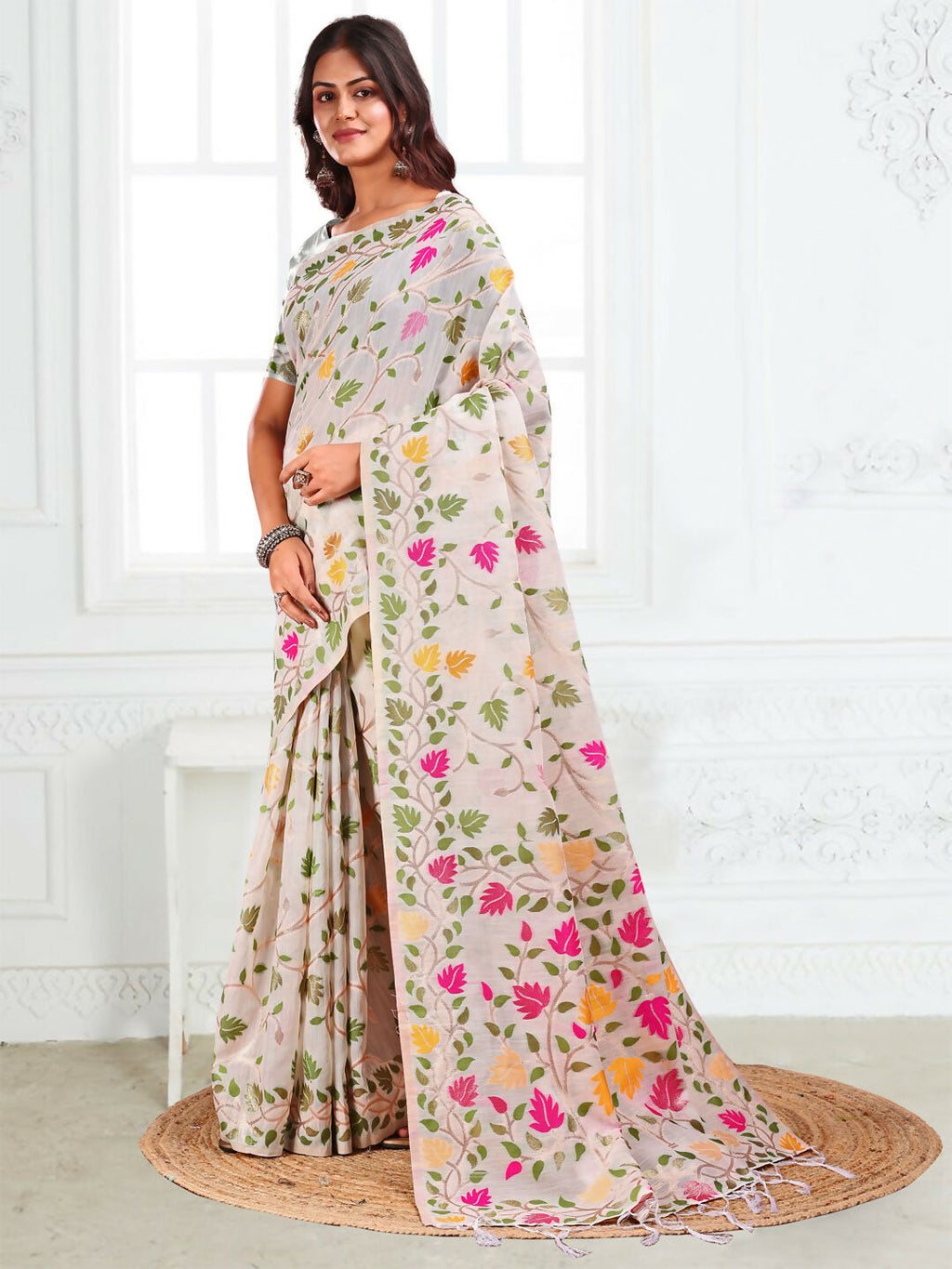 Shree Shyam Fashion Linen Cotton White Saree - Distacart