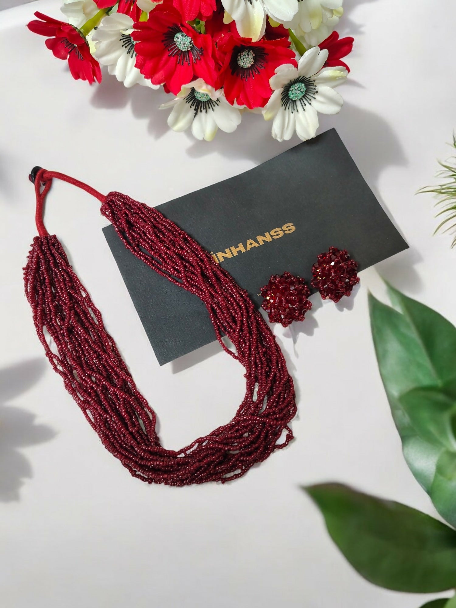 Inhanns Vibrant Handmade 20 Layers Beaded Necklace With Matching Earrings - Maroon