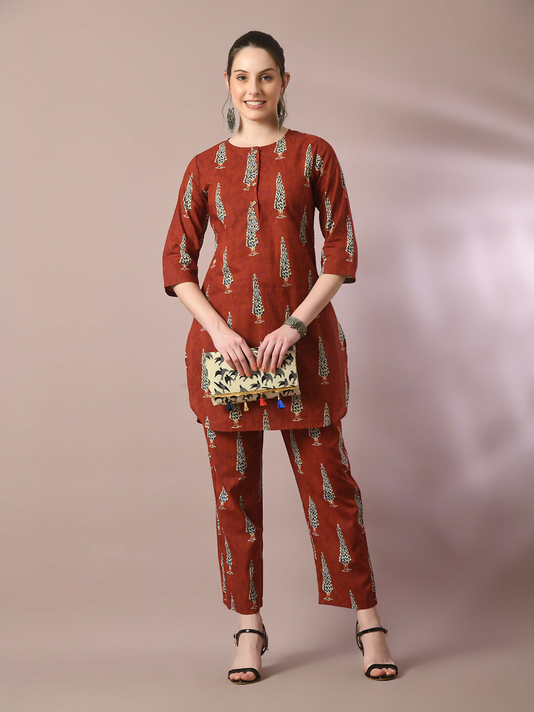 Myshka Women's Rust Printed Cotton Round Neck Party Tunic With Trousers Co-ord set
