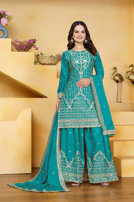 Teeya Creation Teal Color Natural Crepe Silk Wedding Wear Trending Palazzo Set