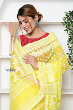 Very Much Indian Jamdhani Cotton Saree With Polka Dot Pallu - Lime Yellow - Distacart