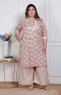 Miravan Plus Size Women Brown Floral Printed Straight Ethnic Kurta With Palazzo - Distacart