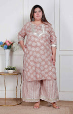 Miravan Plus Size Women Brown Floral Printed Straight Ethnic Kurta With Palazzo - Distacart