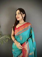 Joban Fashion Aqua Green Banarasi Soft Silk Peacock Butta Work Saree - Distacart