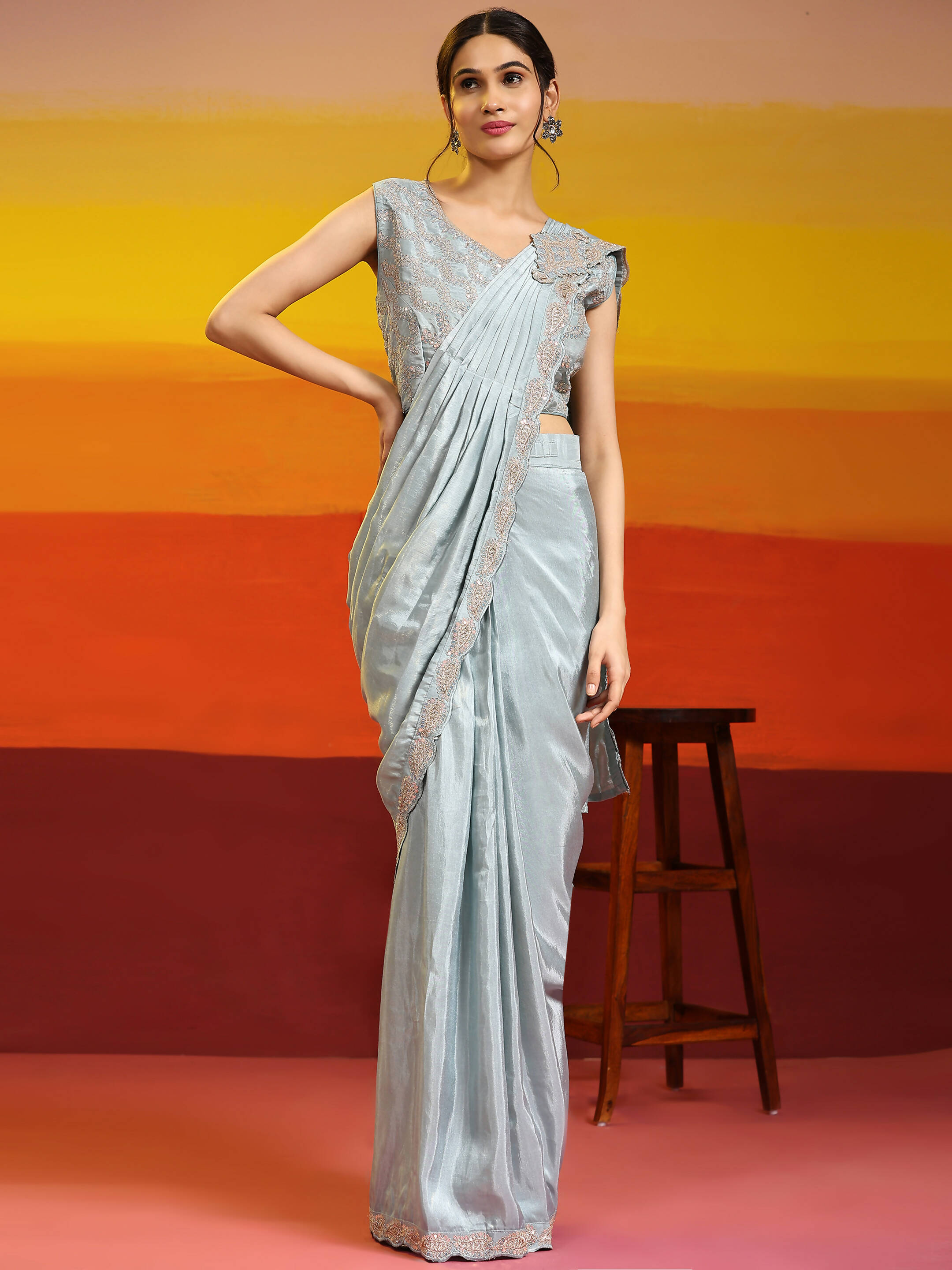 Sky Blue Silk Satin Plain Ready to wear Saree with stitched Blouse - Vrinda