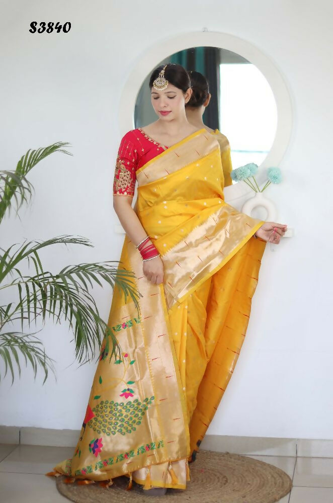 Yellow Woven Jacquard Designer Embroidery Work Party Wear Saree - Parampara