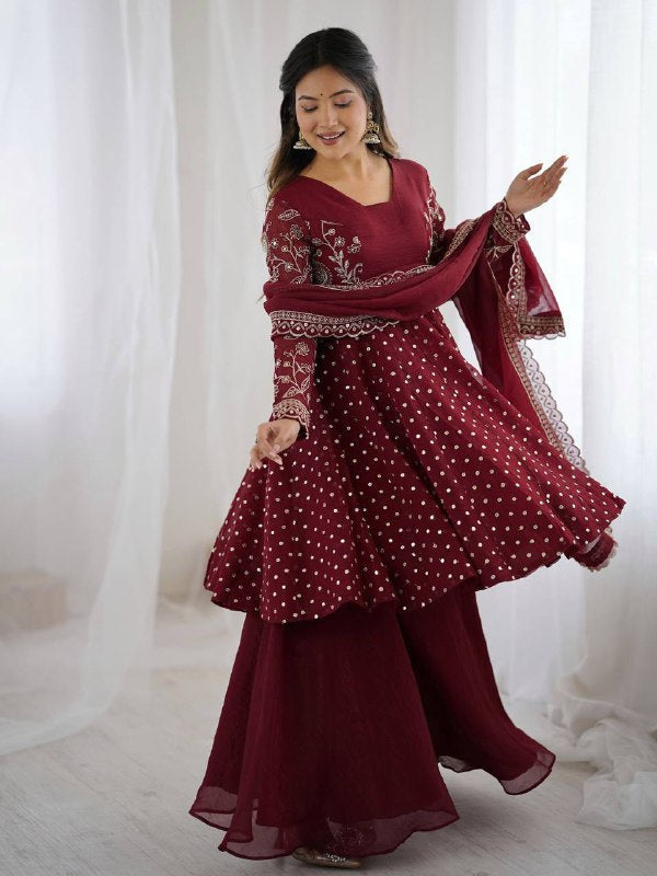 Prazu Fashion Maroon Crunchy Silk Embroidered Designer Sharara Suit - Distacart