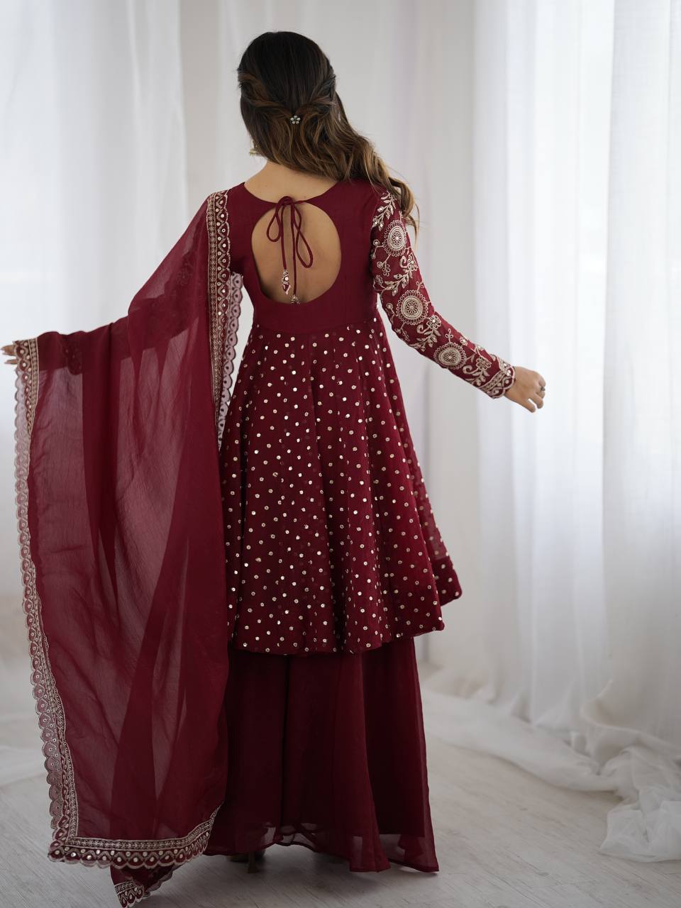 Prazu Fashion Maroon Crunchy Silk Embroidered Designer Sharara Suit - Distacart