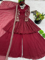 Prazu Fashion Maroon Crunchy Silk Embroidered Designer Sharara Suit - Distacart