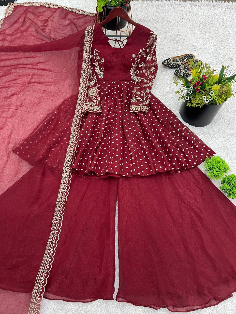 Prazu Fashion Maroon Crunchy Silk Embroidered Designer Sharara Suit - Distacart