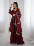 Prazu Fashion Maroon Crunchy Silk Embroidered Designer Sharara Suit - Distacart