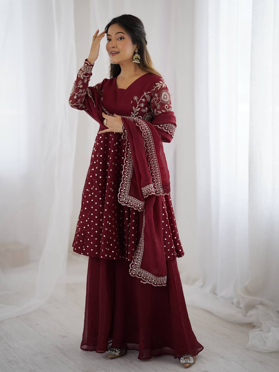 Prazu Fashion Maroon Crunchy Silk Embroidered Designer Sharara Suit - Distacart