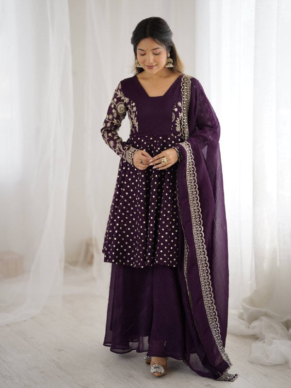 Prazu Fashion Purple Crunchy Silk Embroidered Designer Sharara Suit - Distacart