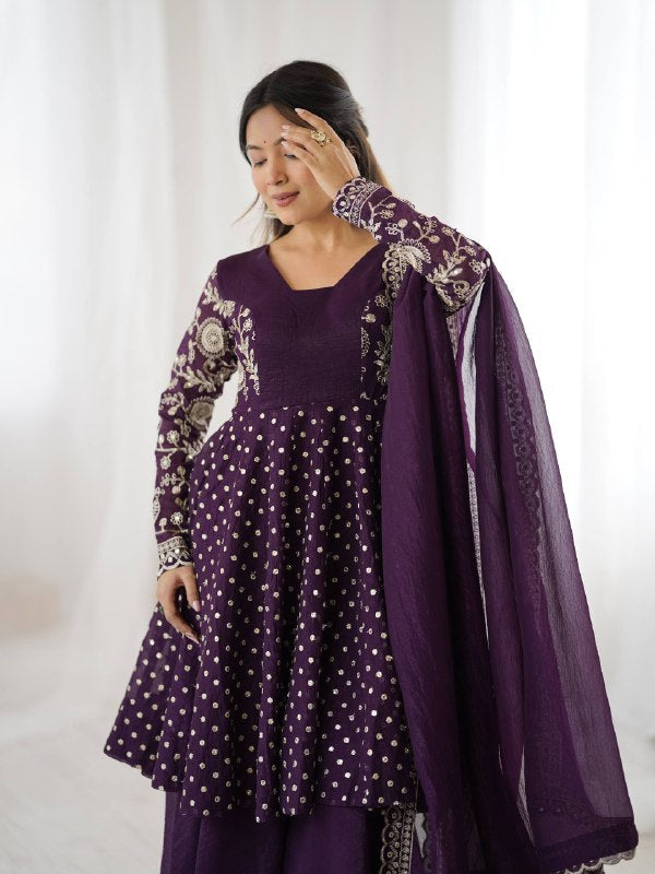 Prazu Fashion Purple Crunchy Silk Embroidered Designer Sharara Suit - Distacart