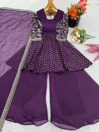 Prazu Fashion Purple Crunchy Silk Embroidered Designer Sharara Suit - Distacart