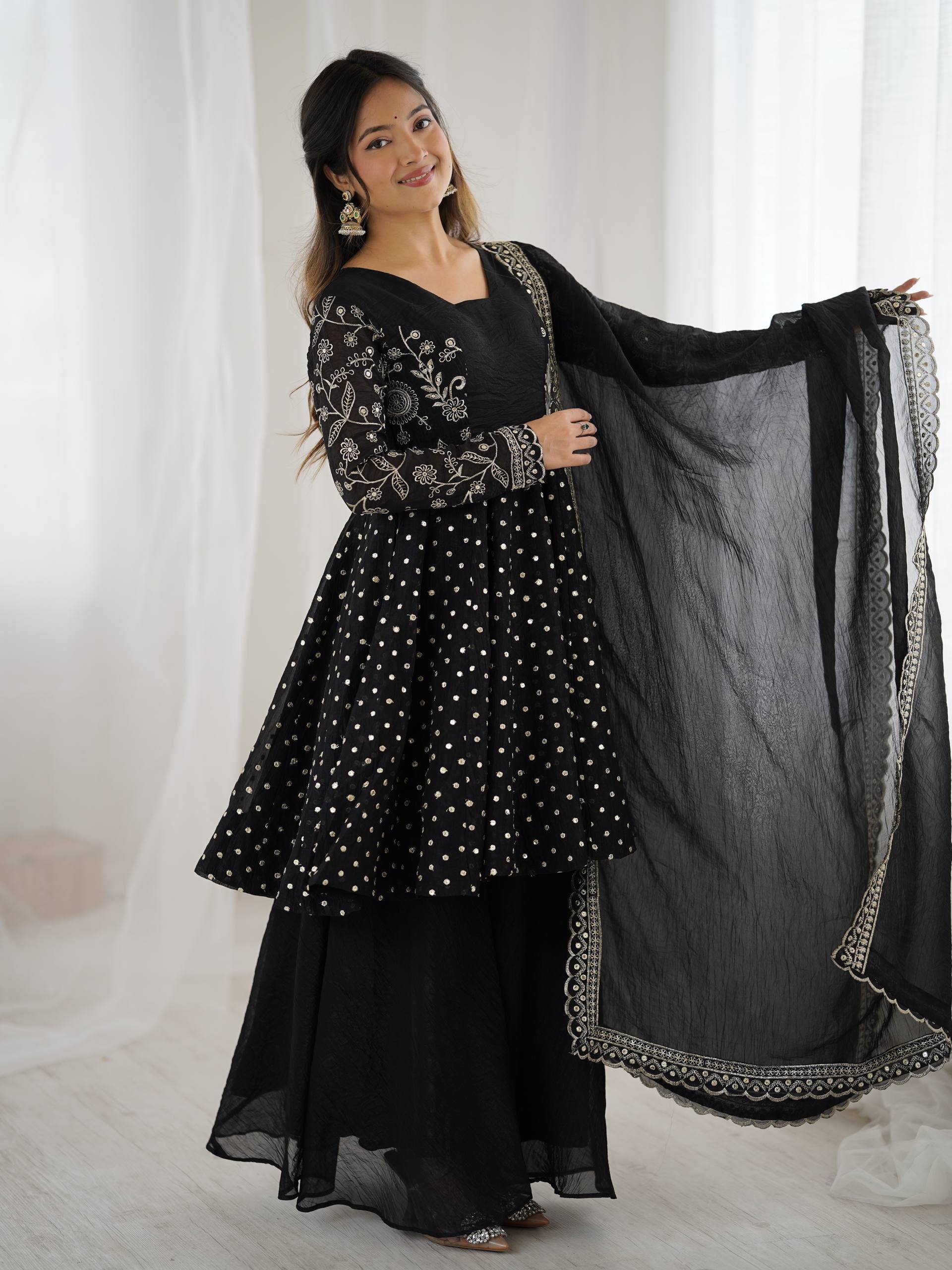 Prazu Fashion Black Crunchy Silk Embroidered Designer Sharara Suit - Distacart