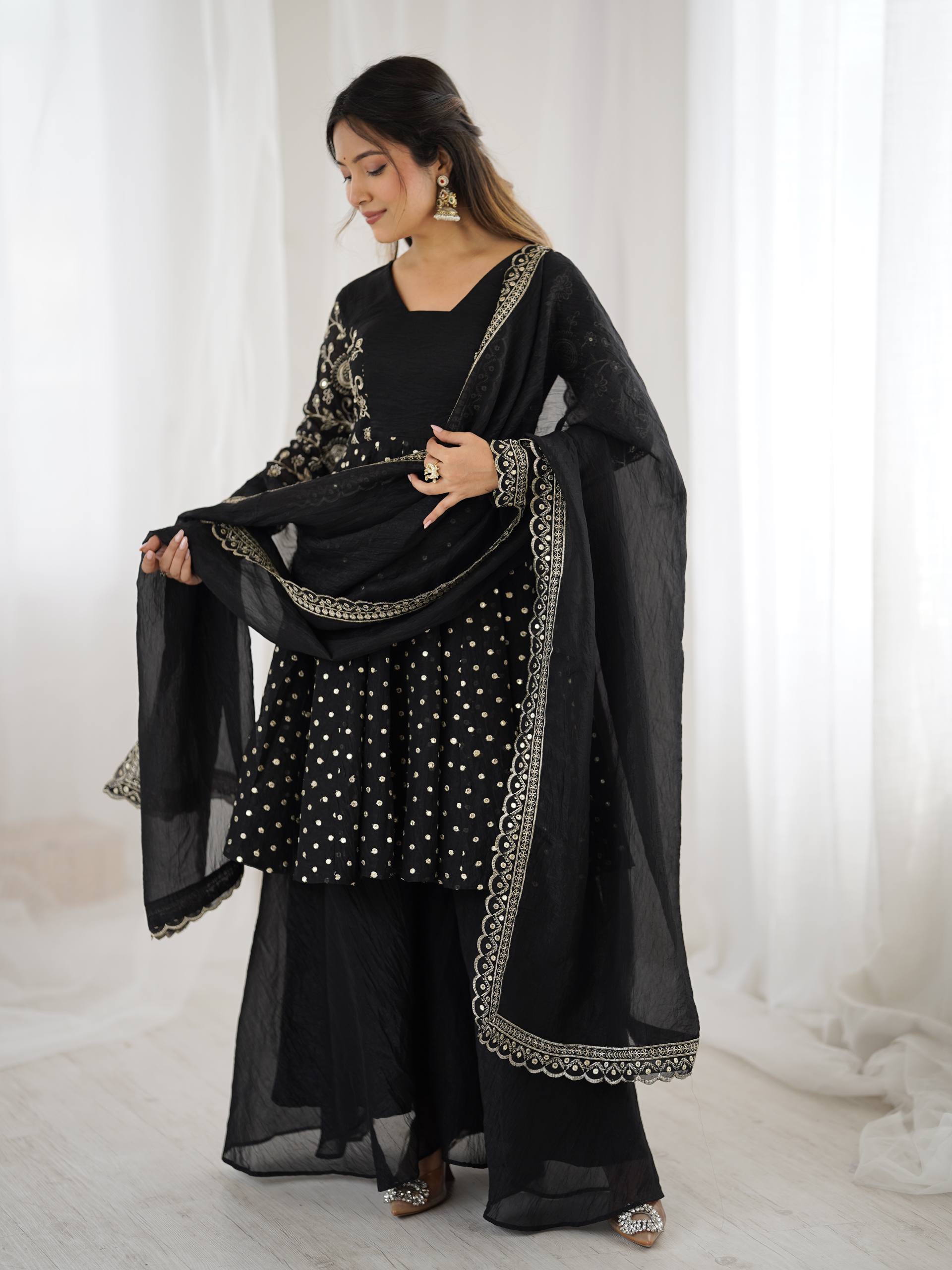 Prazu Fashion Black Crunchy Silk Embroidered Designer Sharara Suit - Distacart