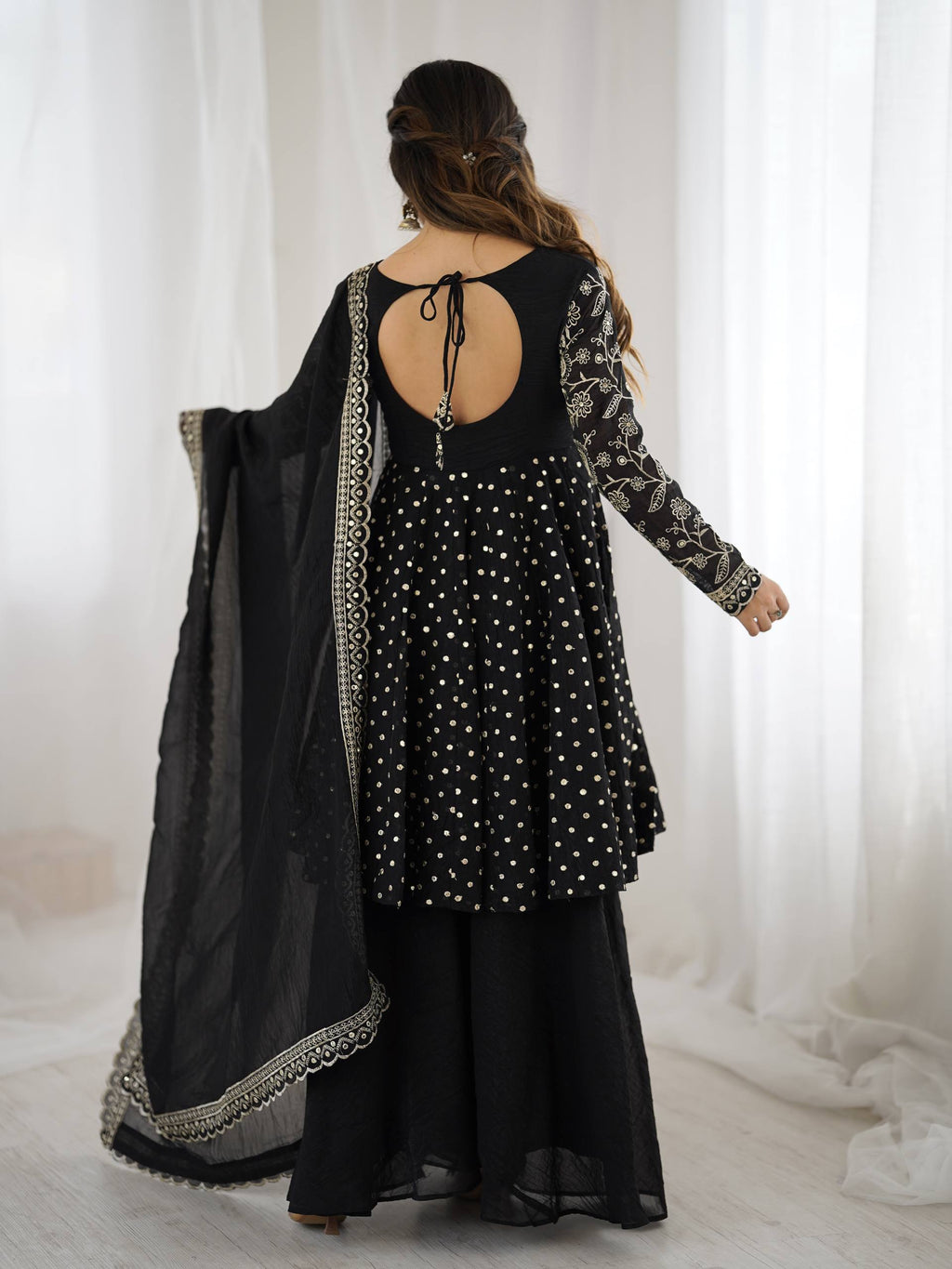 Prazu Fashion Black Crunchy Silk Embroidered Designer Sharara Suit - Distacart