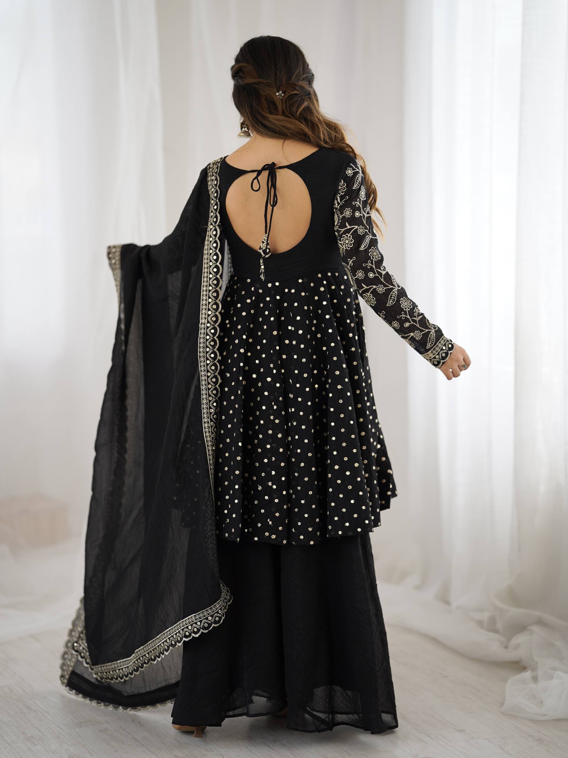 Prazu Fashion Black Crunchy Silk Embroidered Designer Sharara Suit - Distacart