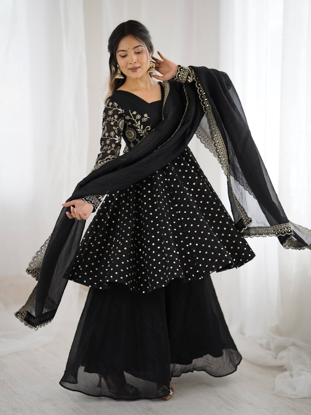 Prazu Fashion Black Crunchy Silk Embroidered Designer Sharara Suit - Distacart