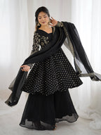 Prazu Fashion Black Crunchy Silk Embroidered Designer Sharara Suit - Distacart