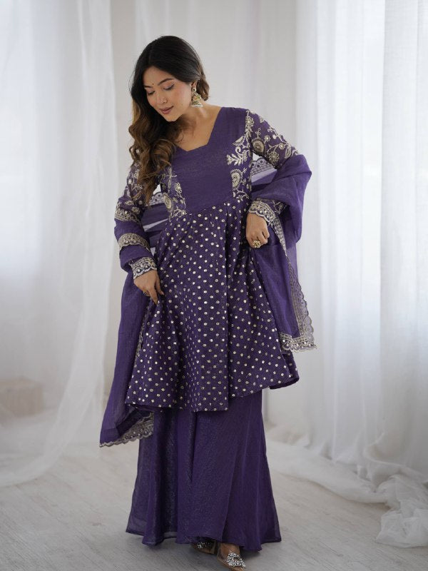 Prazu Fashion Violet Blue Crunchy Silk Embroidered Designer Sharara Suit - Distacart