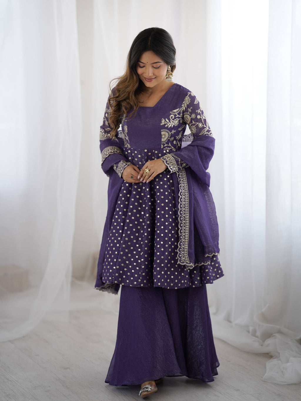 Prazu Fashion Violet Blue Crunchy Silk Embroidered Designer Sharara Suit - Distacart