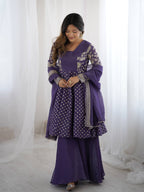 Prazu Fashion Violet Blue Crunchy Silk Embroidered Designer Sharara Suit - Distacart