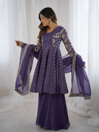 Prazu Fashion Violet Blue Crunchy Silk Embroidered Designer Sharara Suit - Distacart