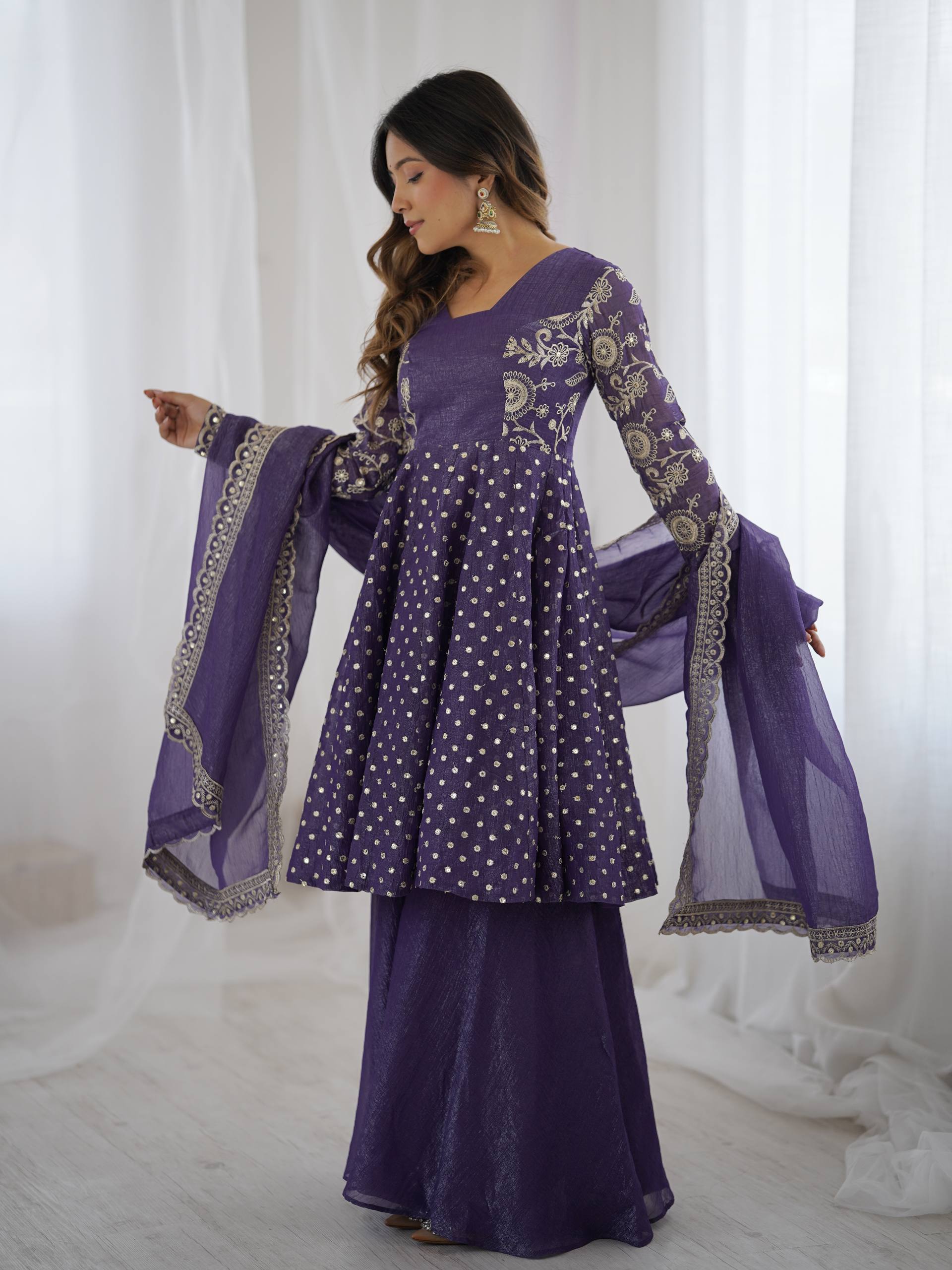 Prazu Fashion Violet Blue Crunchy Silk Embroidered Designer Sharara Suit - Distacart