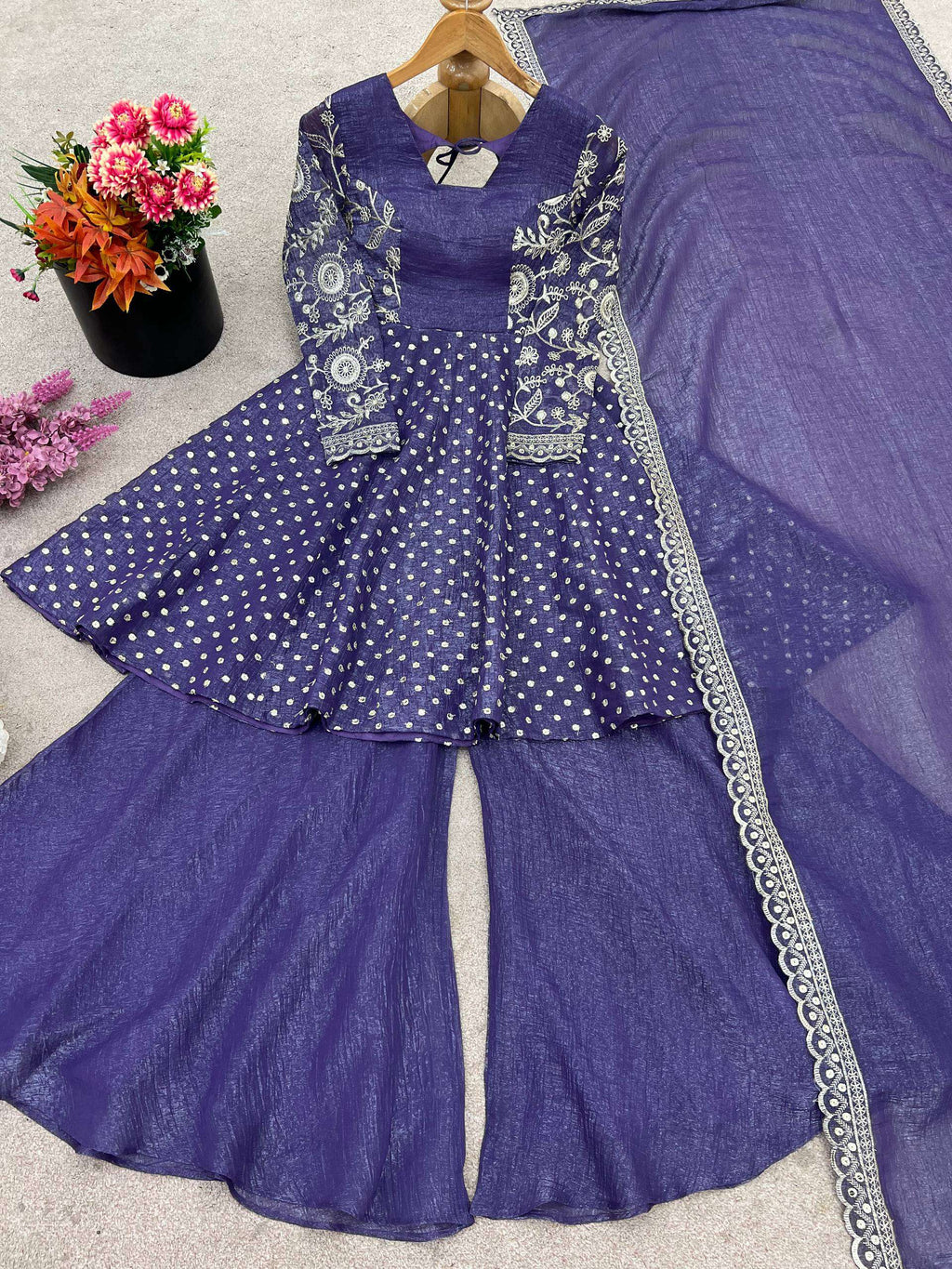 Prazu Fashion Violet Blue Crunchy Silk Embroidered Designer Sharara Suit - Distacart