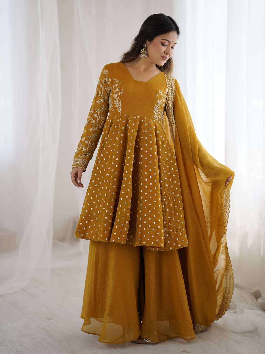 Prazu Fashion Yellow Crunchy Silk Embroidered Designer Sharara Suit - Distacart