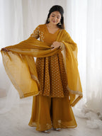 Prazu Fashion Yellow Crunchy Silk Embroidered Designer Sharara Suit - Distacart