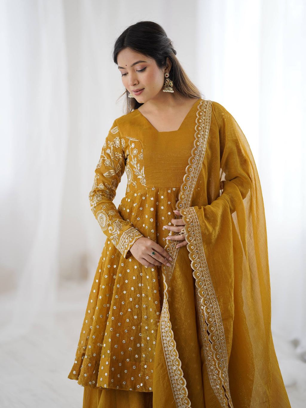 Prazu Fashion Yellow Crunchy Silk Embroidered Designer Sharara Suit - Distacart